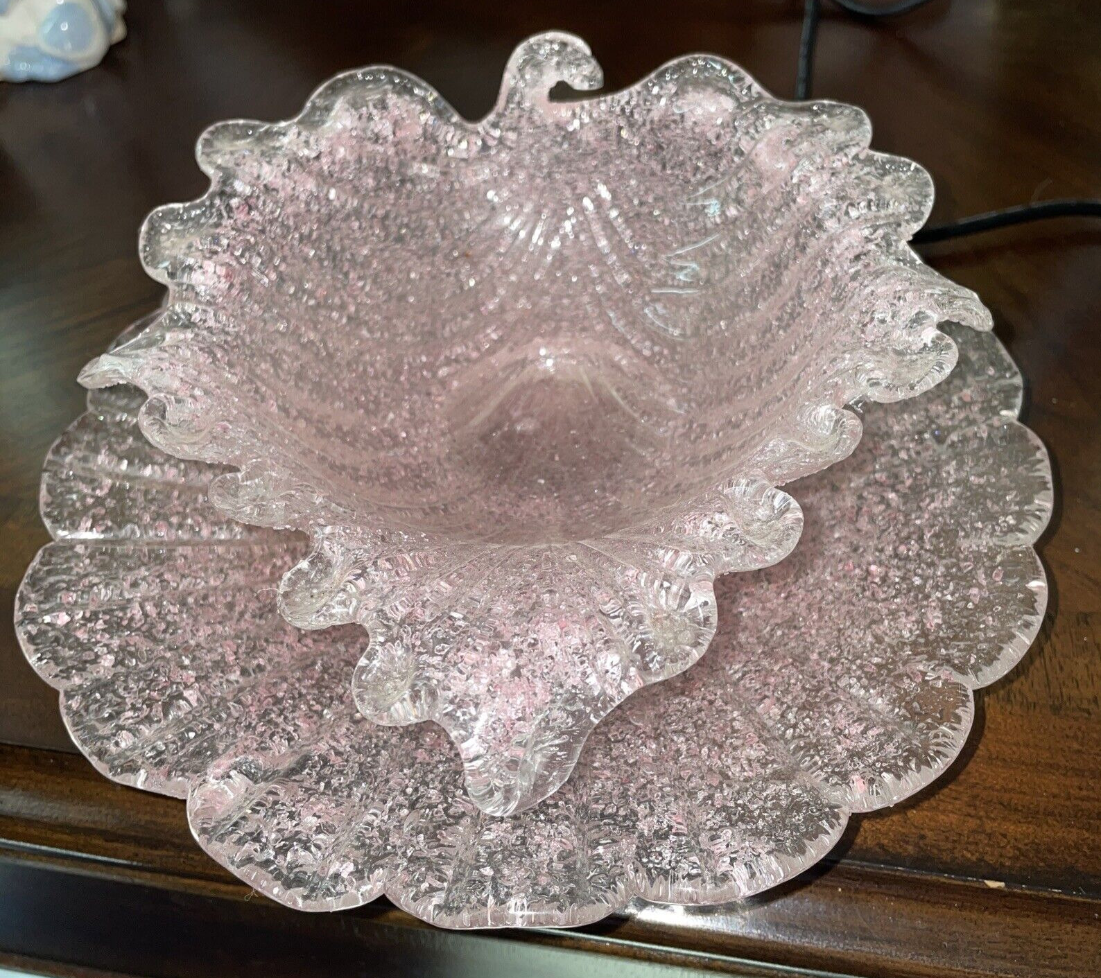 Vtg. pink Murano sugar ware Art glass leaf bowl flower plate trinket dresser