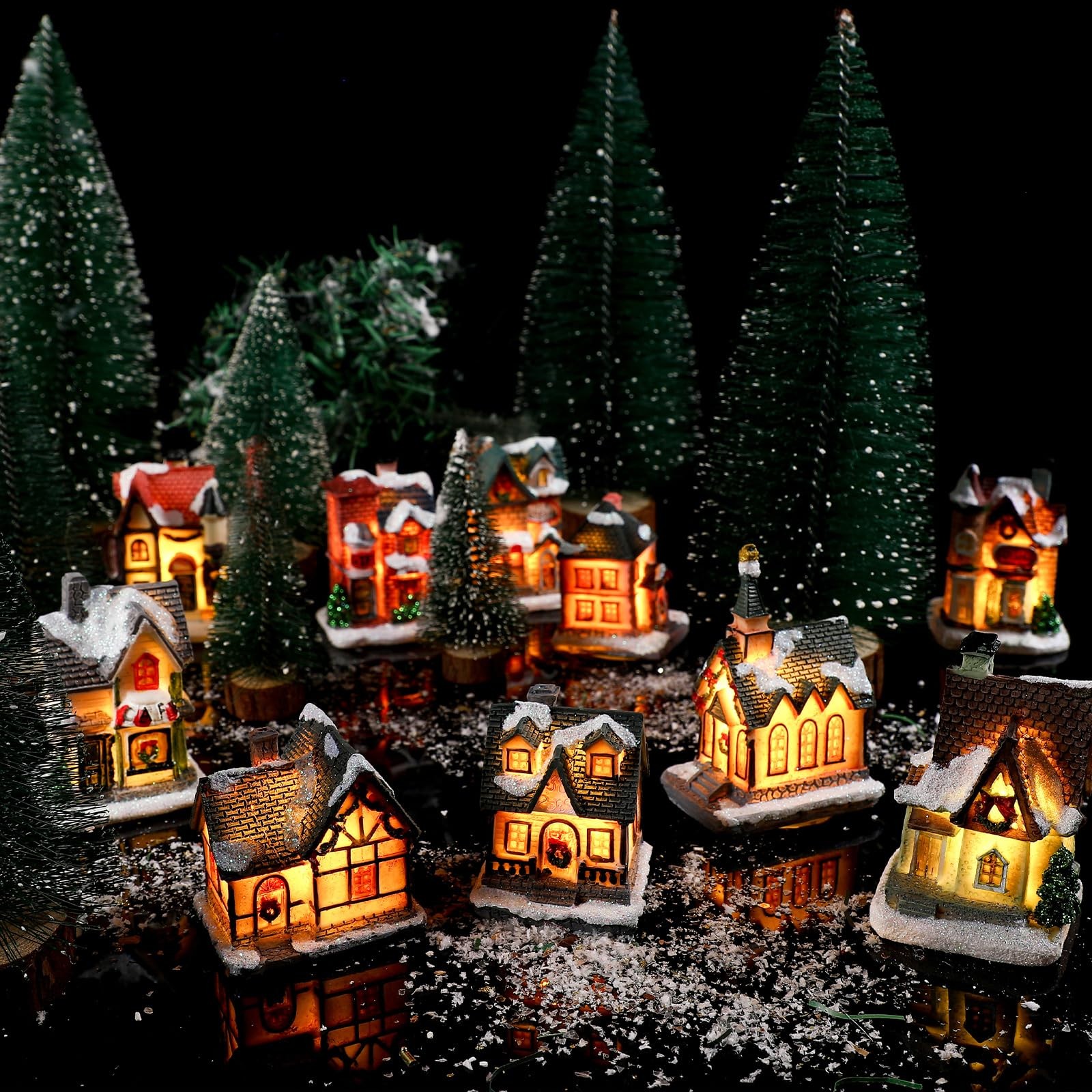 10 Pcs Christmas Village Sets Village Houses with Figurines LED Lighted Chris...