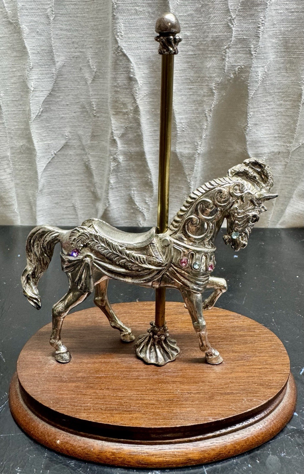 Vintage Fine Pewter Carousel Horse Figurine, Wood Base,Central Brass PoleLimited