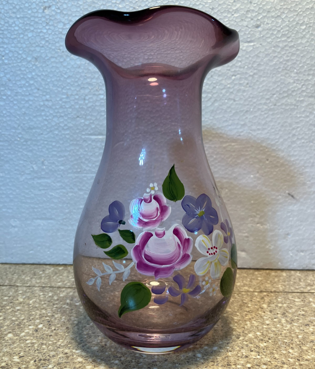 Fenton Teleflora Vase Hand Painted Flowers Ruffled Top Amethyst Purple 8 Fenton Teleflora Vase Hand Painted Flowers Ruffled Top Amethyst Purple 8