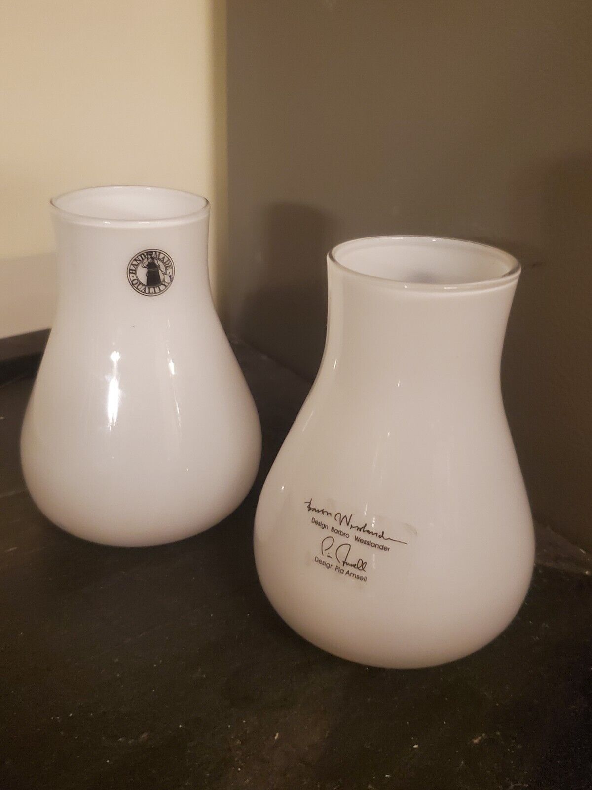 Pair Retired cased white & clear vase Barbro Wesslander and Pia Amsell