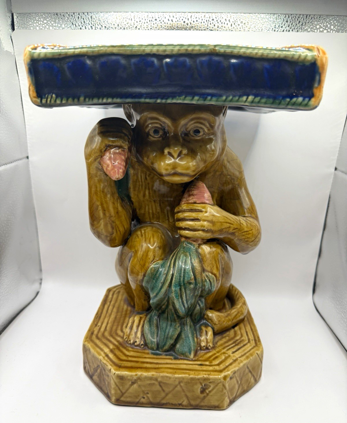Vintage 1950’s Ceramic Majolica Monkey Pedestal Plant Stand weighs 9 Pounds