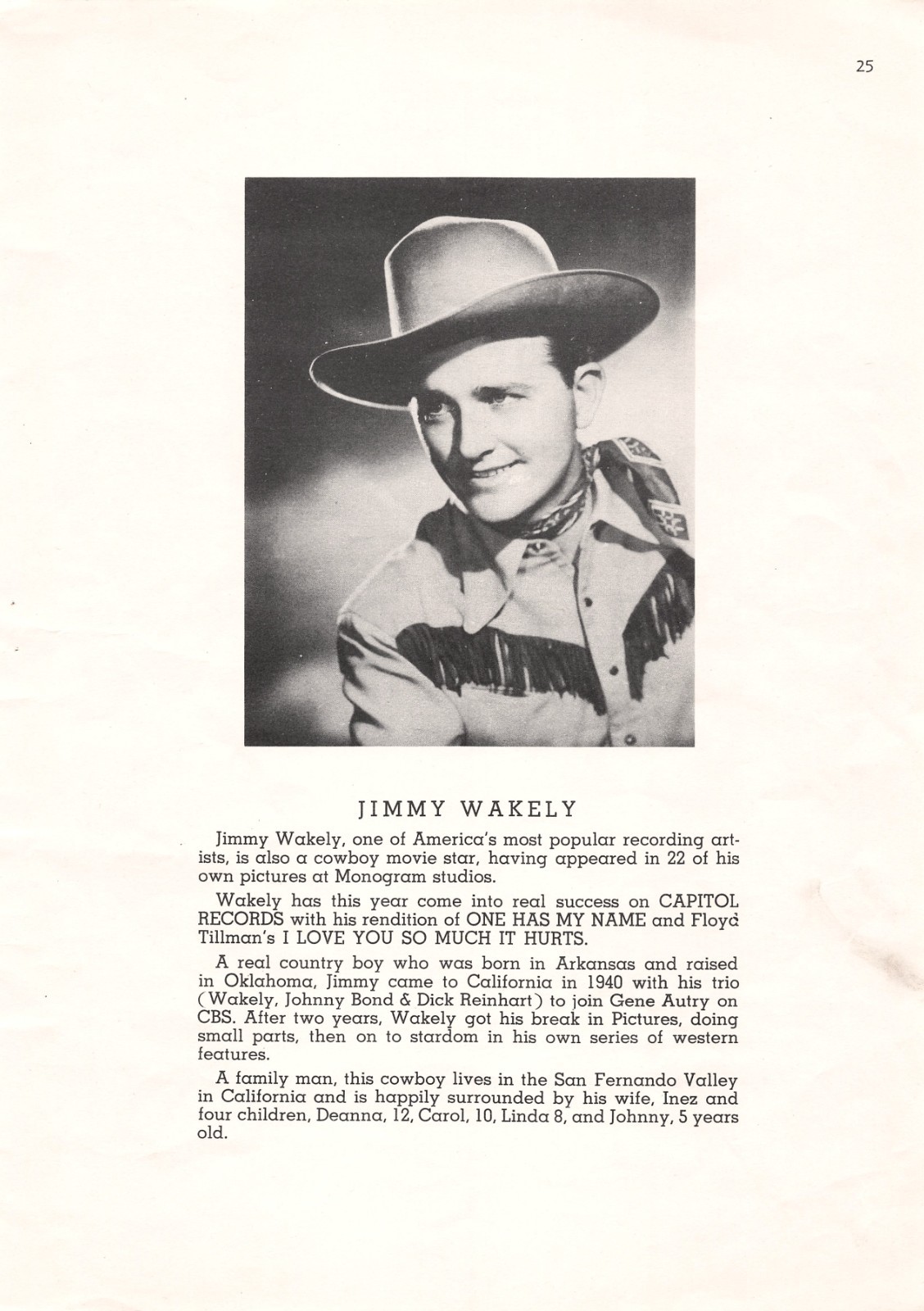 Jimmy Wakely Cowboy Western Film Star Capitol Records Portrait Vtg Mag Biography