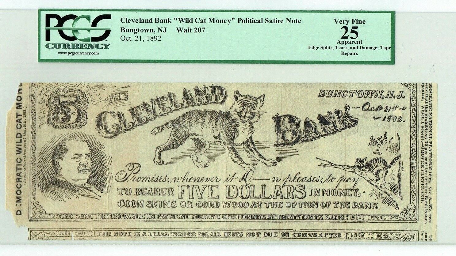 Cleveland Bank Wild Cat Money Bungtown NJ Grover Oct 21, 1892 PCGS Very Fine 25