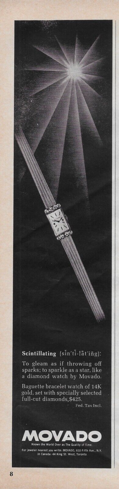 1962 Movado Baguette Bracelet Watch 14k Gold Scintillating Vintage Print Ad