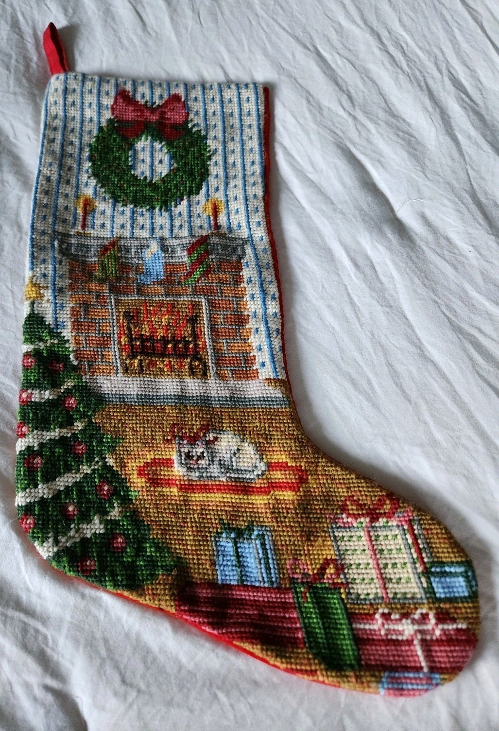 Vtg Needlepoint Cross Stitch Wool Christmas Stocking JB87/03 Fireplace Sampler 