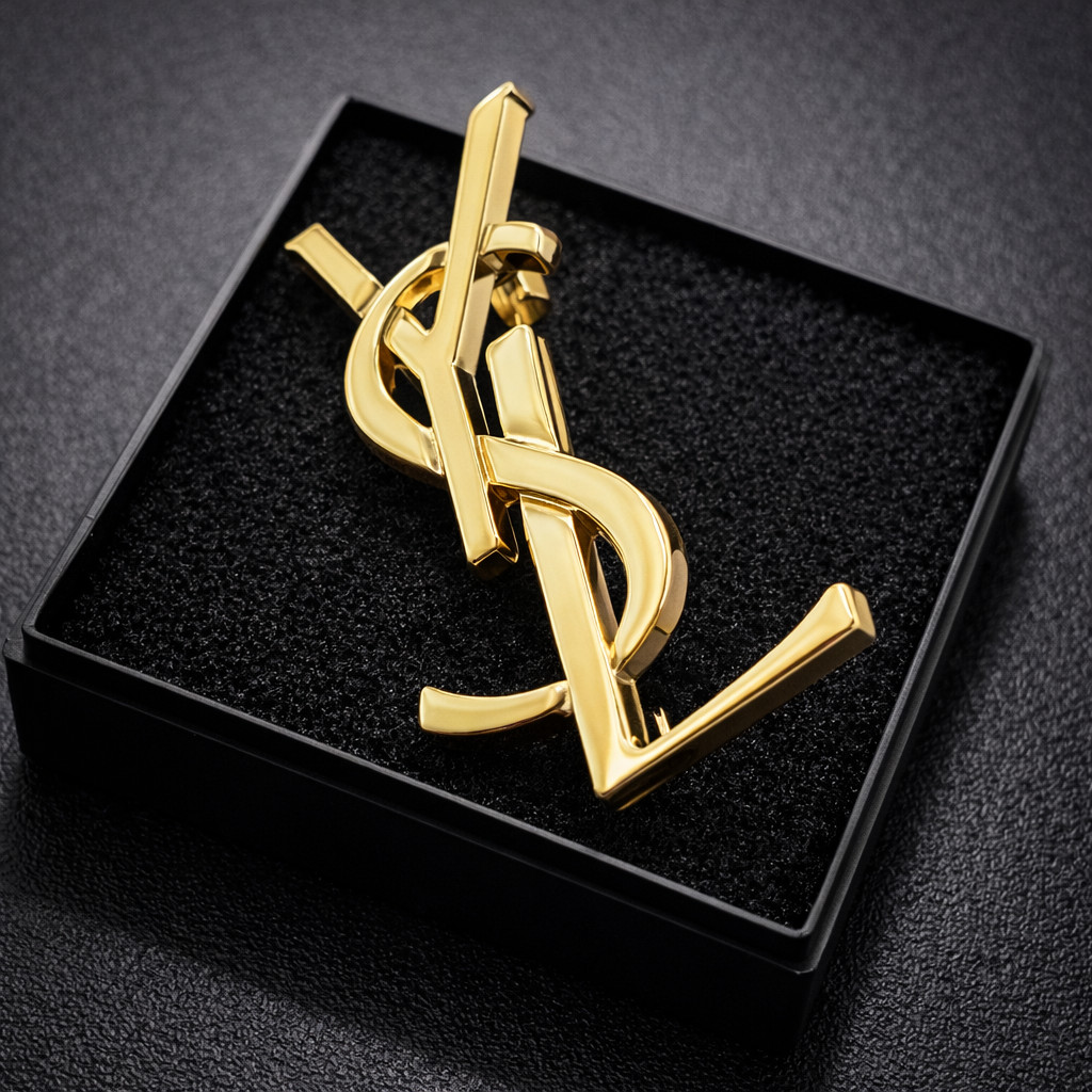 YSL Small Gold Brooch for Hat Scarf Tie Collar Lapel Pin Saint Laurent Blazer Gi