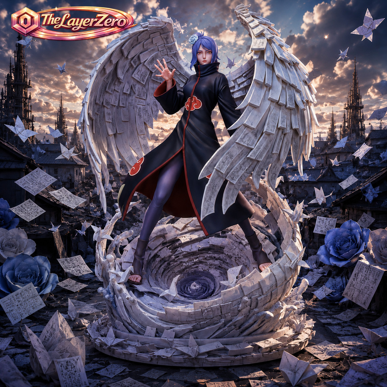 Original Blue-Haired Paper-Wing Fantasy Figure | Hand-Painted Anime Statue