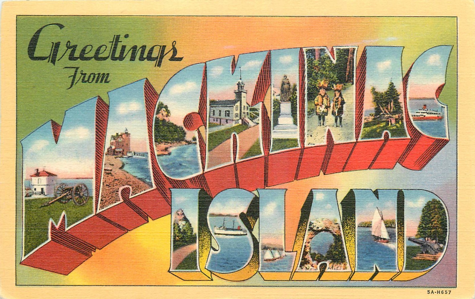 1940s Mackinac Island Michigan Large Letters multi View Teich Postcard 26-5378
