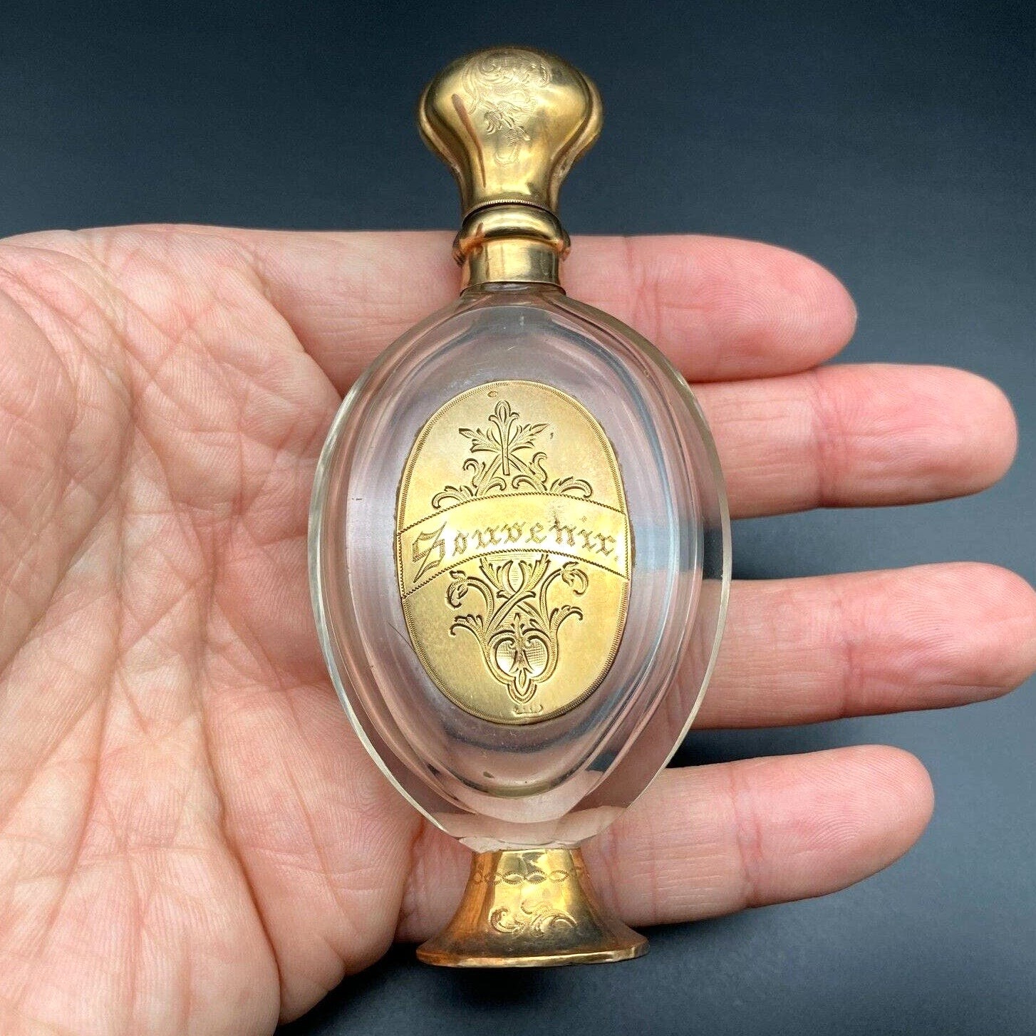 Antique Dutch Perfume Glass Flask Hand Engraved 14K Gold Oak Leaf Hallmark