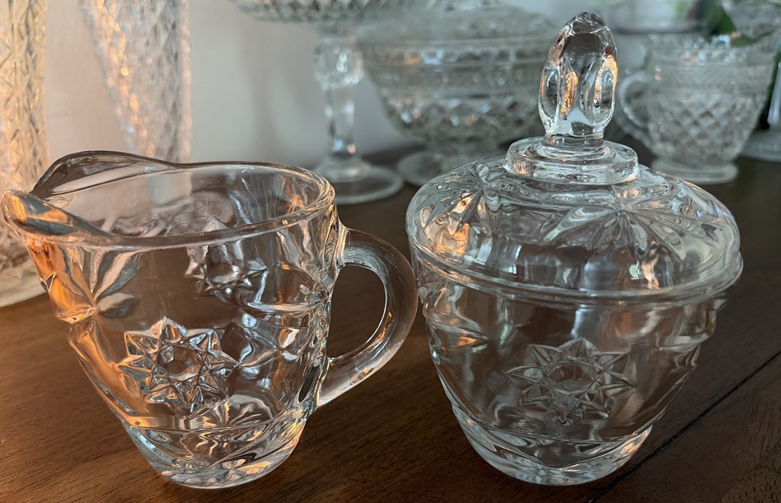 Vintage Anchor Hocking Sugar Bowl With Lid And Creamer Starburst - Star Of David