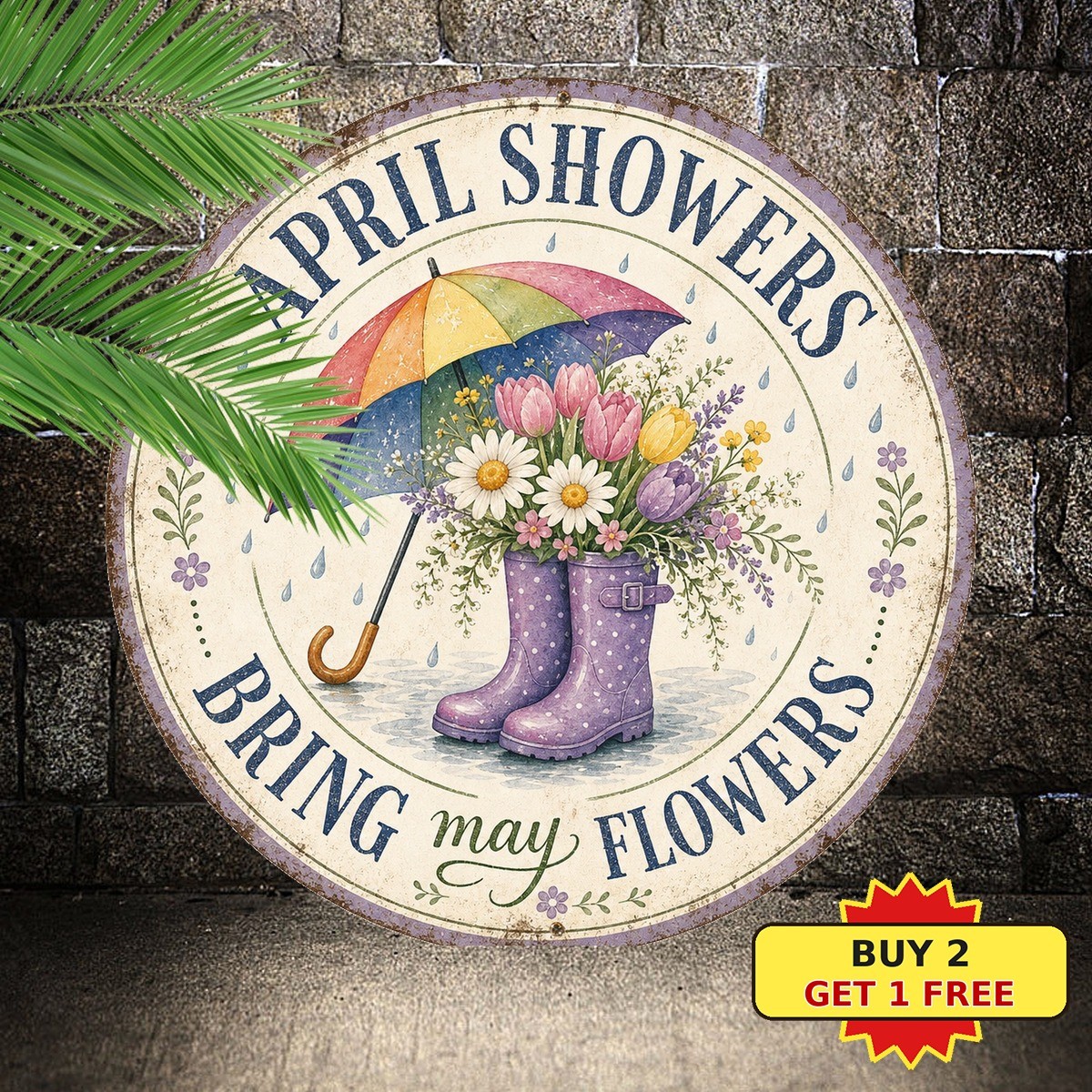 Rainbow Umbrella Rain Boots April Showers Round Tin Sign Spring Garden Decor 8x8