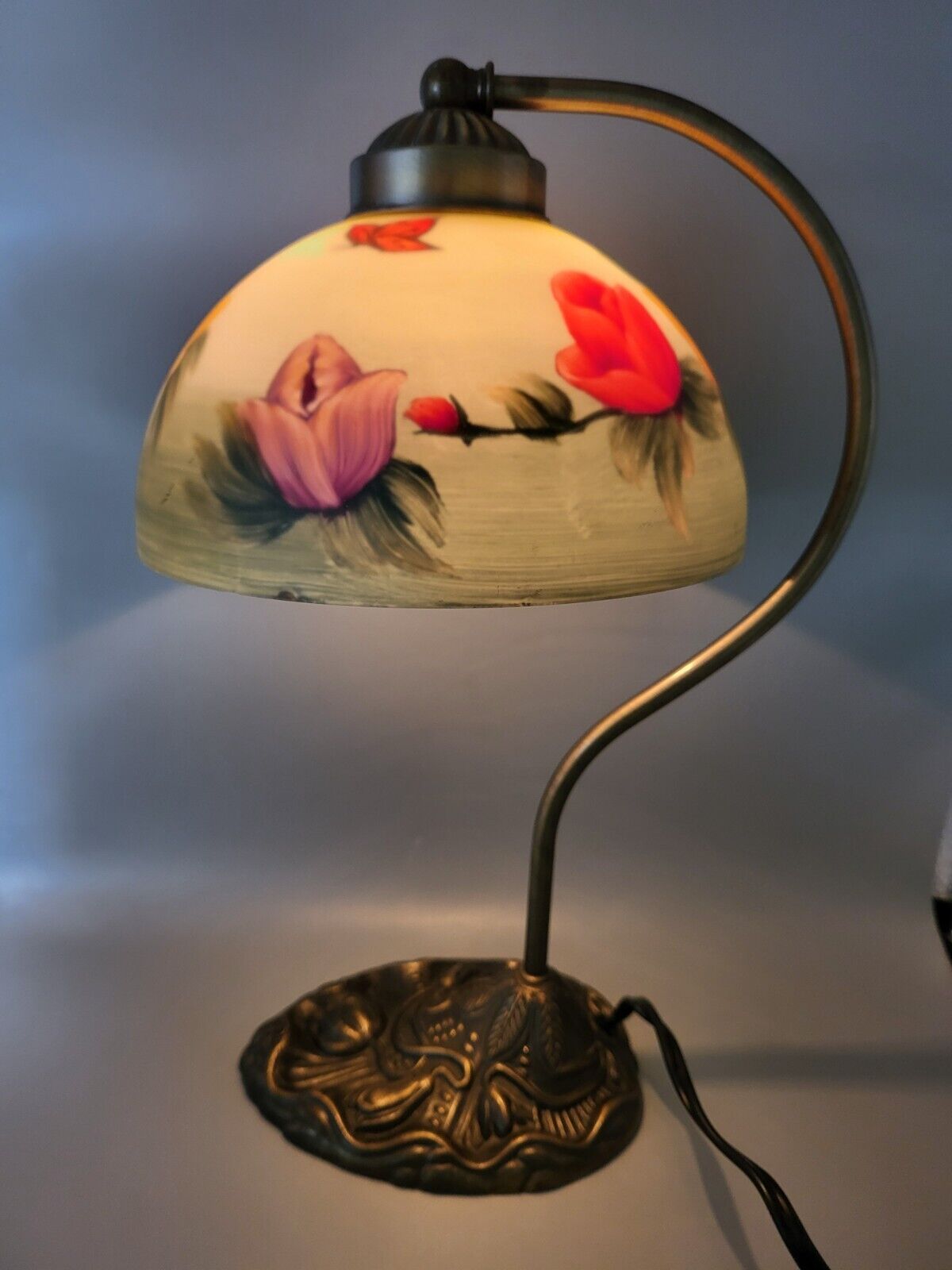 GORGEOUS Vintage Reverse Painted Glass Lamp Shade, And Lamp Floral 14½
