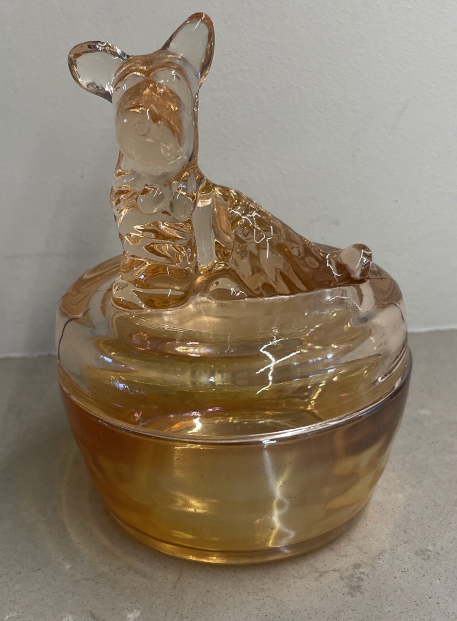 Vintage Jeanette Marigold Carnival Glass Powder/Trinket Dish-Scottie Dog 