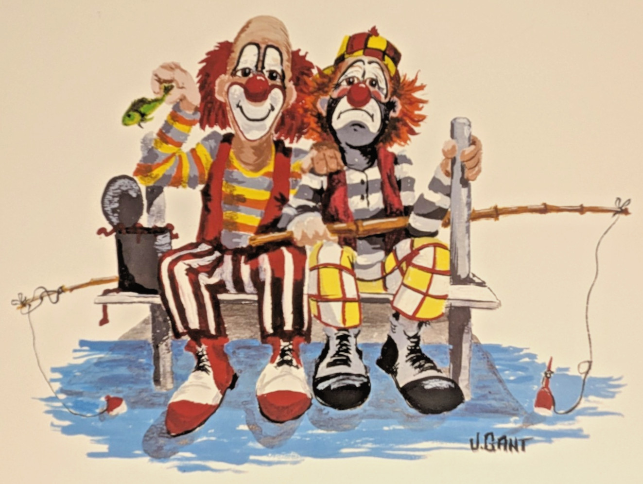 Vintage Jeffery Gant Clown Art Print - Two Clowns Fishing - 16x12\