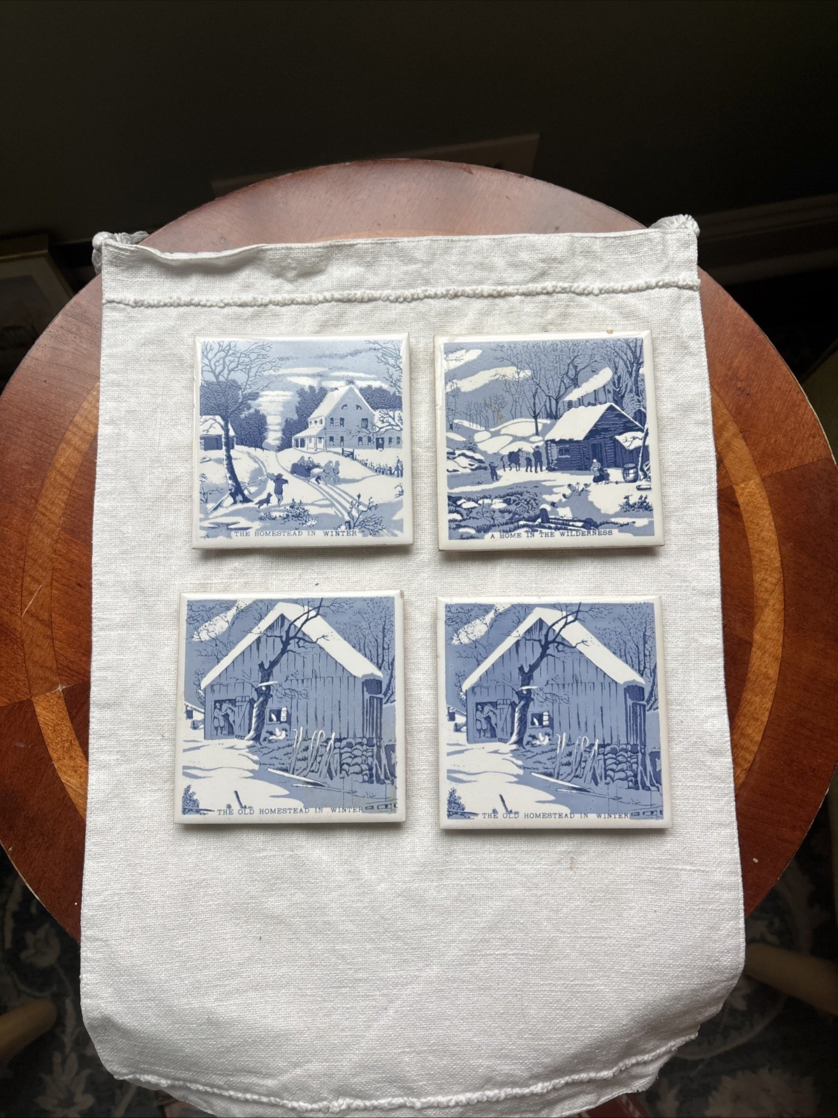 Currier & Ives Ceramic Tiles Trivets Set Of 4 Winter Scenes w/ Original VTG BOX