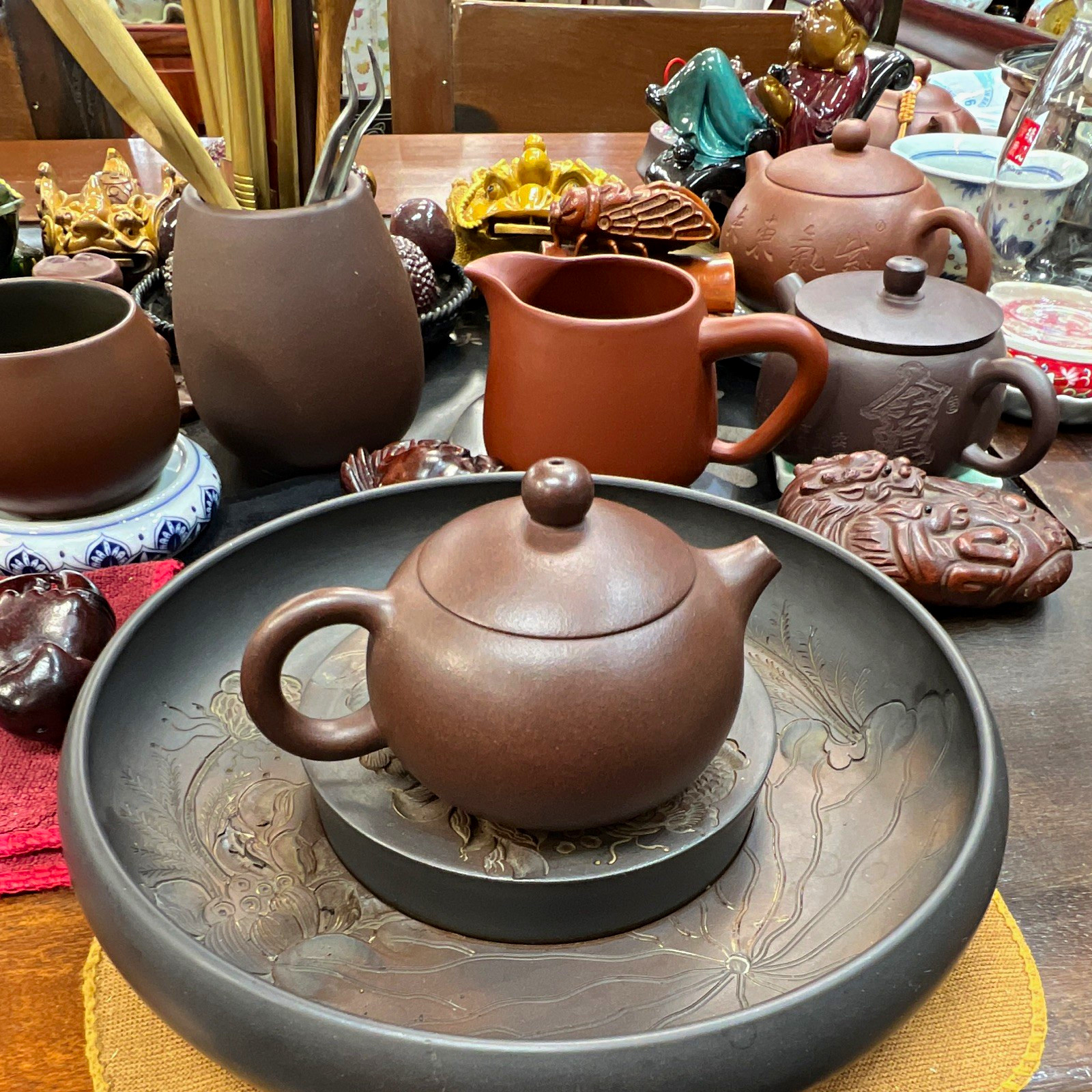 Chinese Brown Clay Round Teapot with Character Seal Stamp Marks