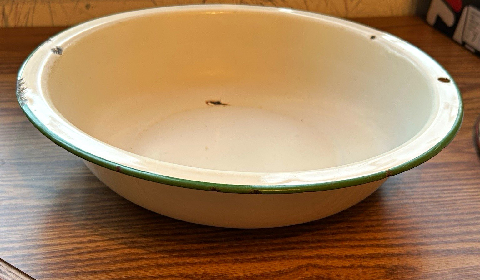 Vintage Green & Cream Enamelware Bowl Basin Round Solid Bowl with Green Rim