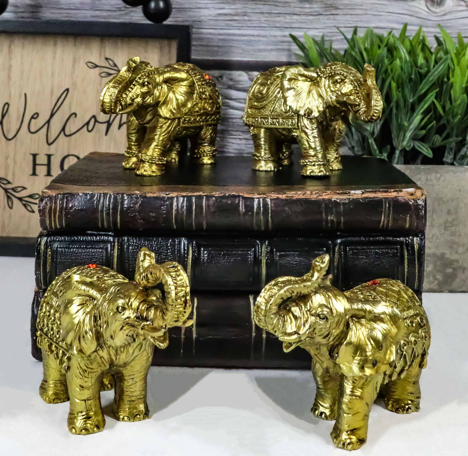 Thai Golden Elephant Feng Shui Figurine Set Of 4 Trunk Raised Elephants 3.5\