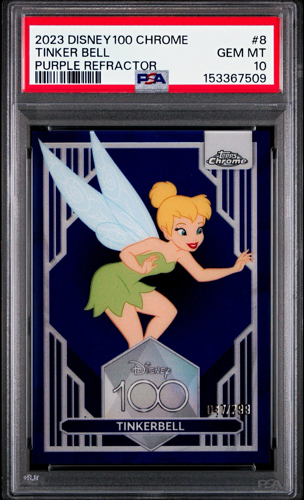 2023 Topps Chrome Disney 100 Tinkerbell Purple Refractor /299 PSA 10 Peter Pan