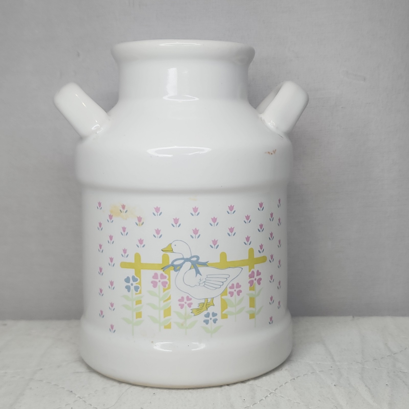 Vintage 1980s Country Geese Ceramic Milk Can Pink Blue Flowers Cottagecore Decor