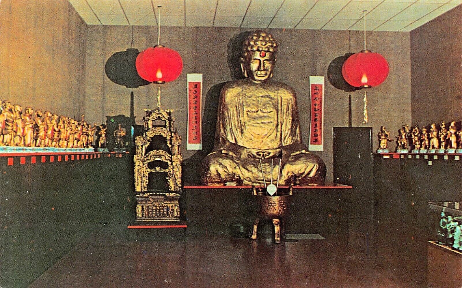 San Francisco Dragon Temple Golden Buddha Statue Chinatown Shop Vtg Postcard C51