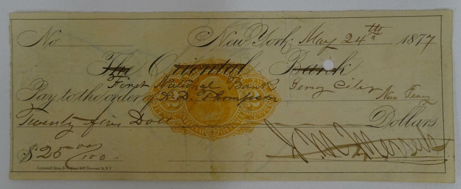 New York The Oriental Bank Check 1877 Cornwell Bros. & Vogler Broome Street
