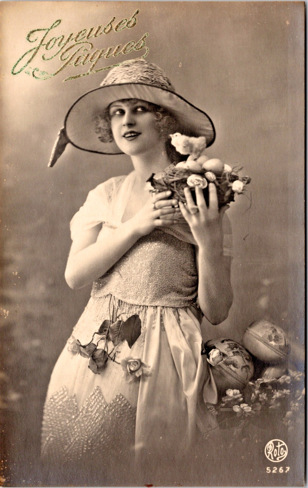 RPPC Lovely Young Woman Picture Hat Long Ringlets Fashionable  Studio Roto A739