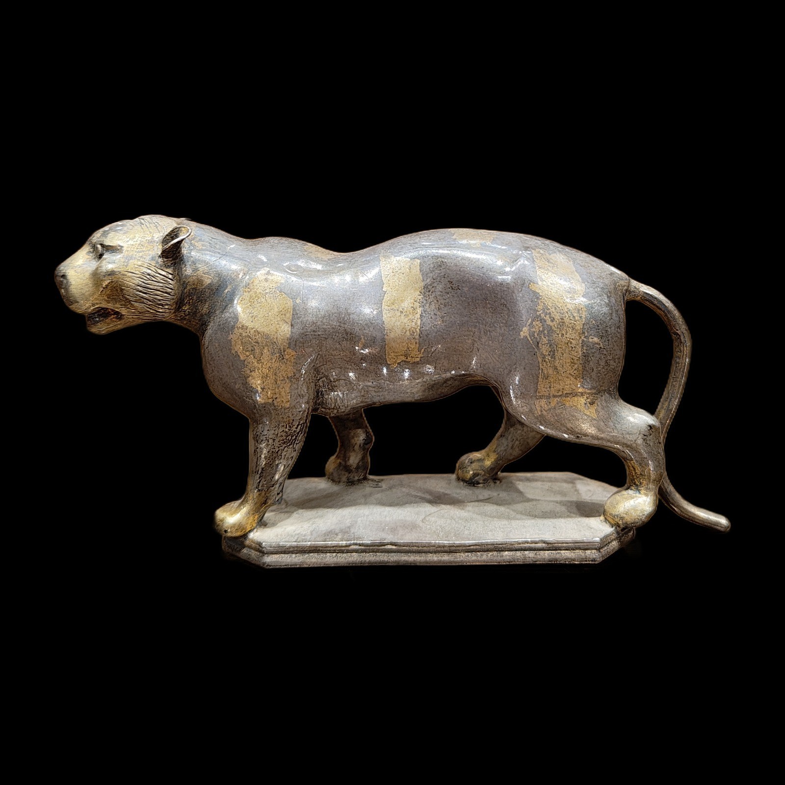 Vintage Cast Metal Tiger Figure Sculpture on Base Painted Stripes