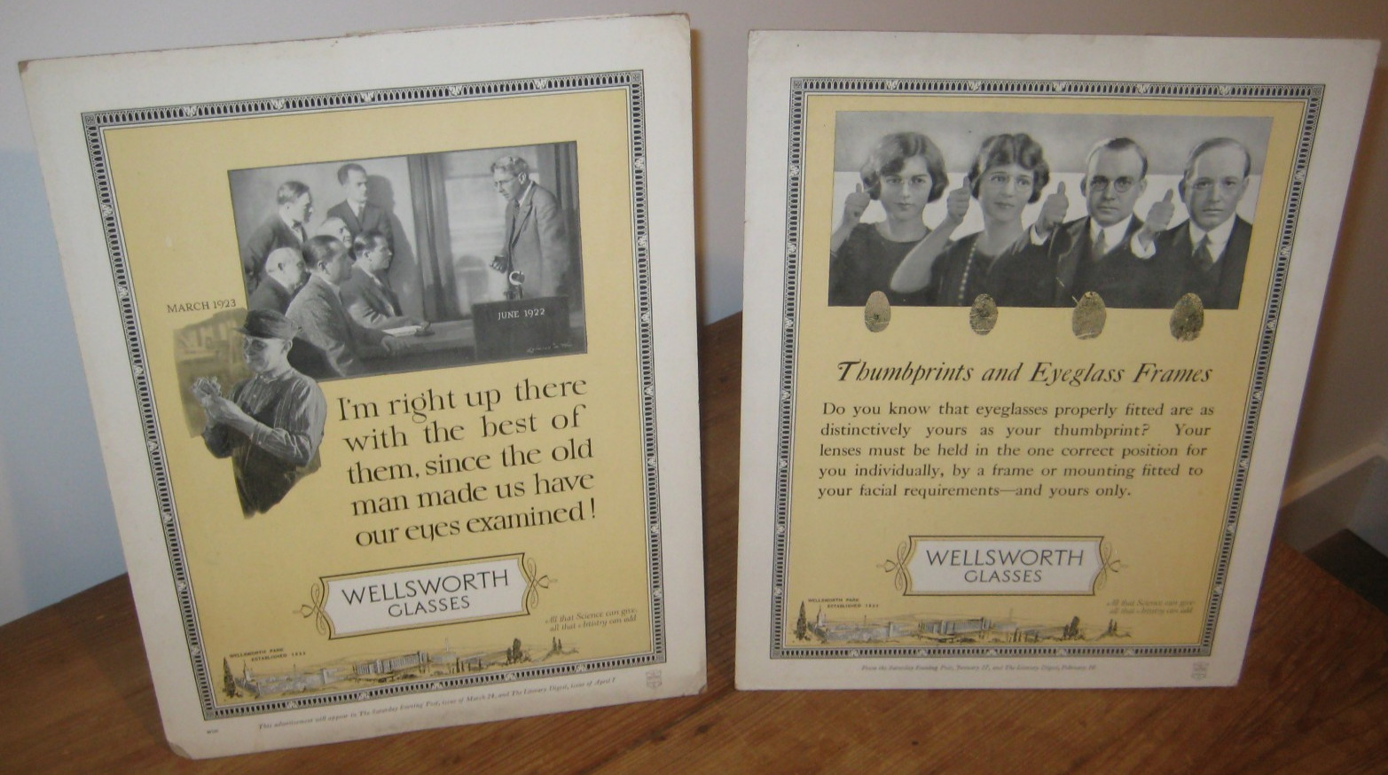 TWO 1923 Easel Back Signs, For Wellsworth Glasses, (Eyeglasses & Frames) TWO 1923 Easel Back Signs, For Wellsworth Glasses, (Eyeglasses & Frames)