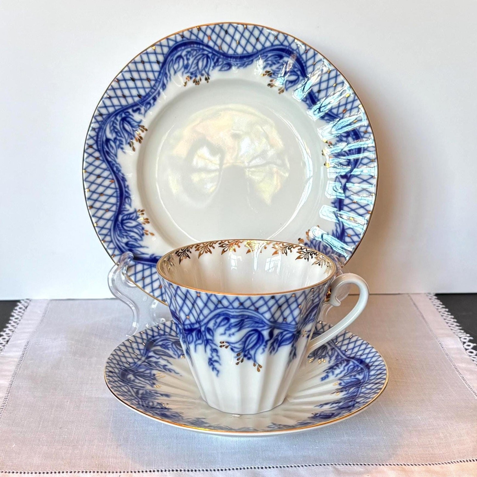 Lomonosov Imperial Porcelain Blue Rhapsody Trio Cup/Saucer/Plate 22kt Gold Trim