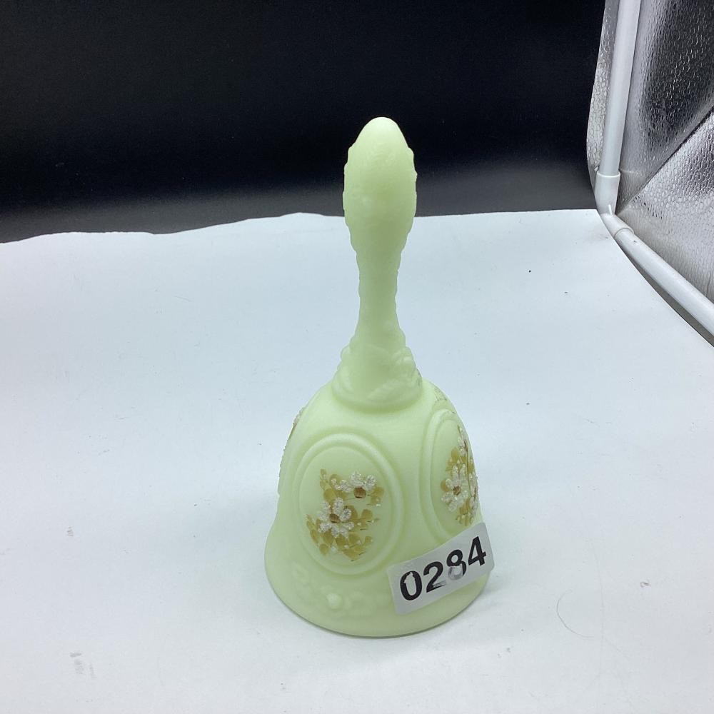 Fenton Custard Uranium Glass Bell Hand Painted Daisies Satin Signed Vintage 6.5\