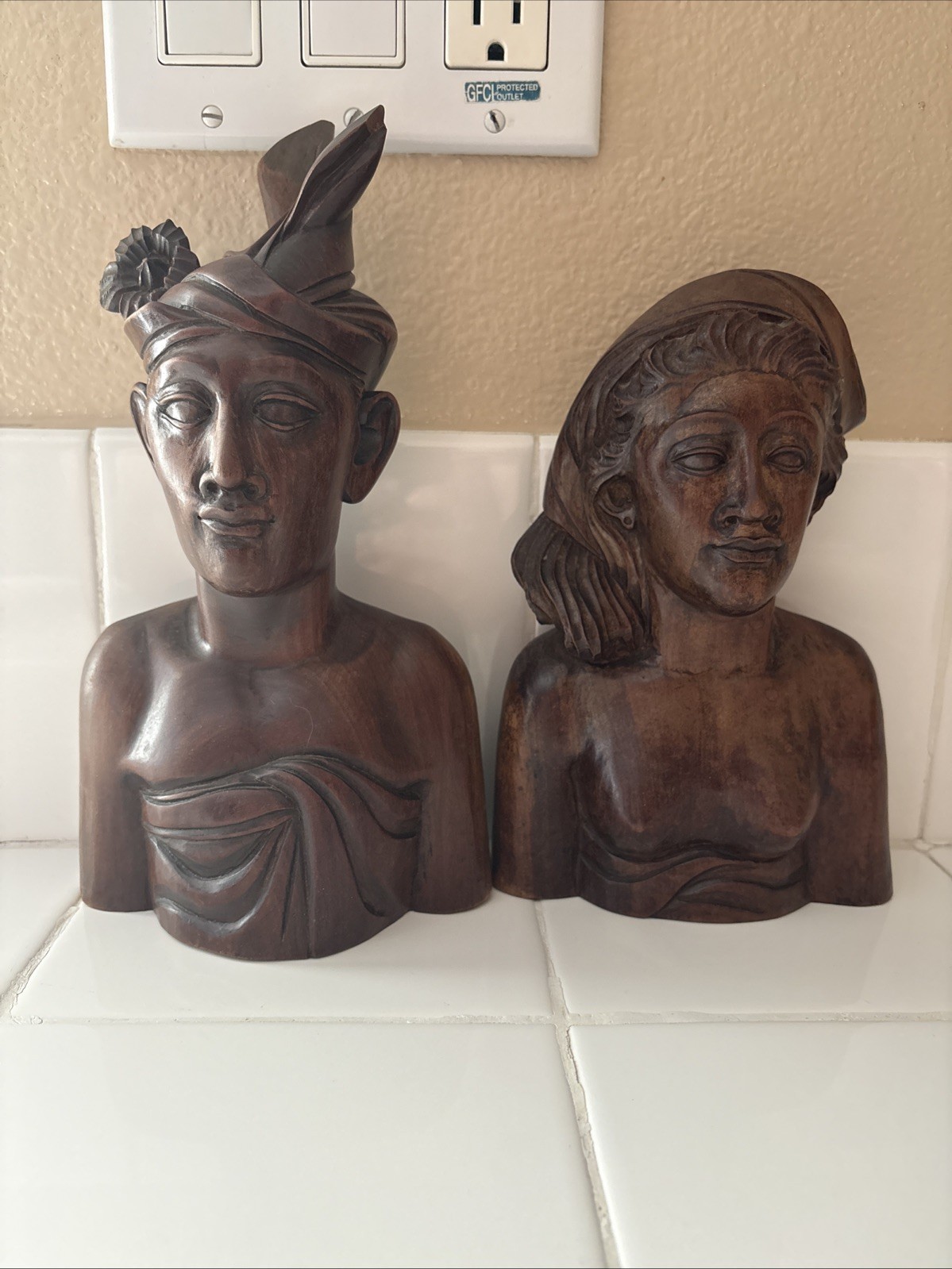 Vintage Bali Teak Wood Busts Pair Hand Carved Balinese Sculpture Man Woman Decor