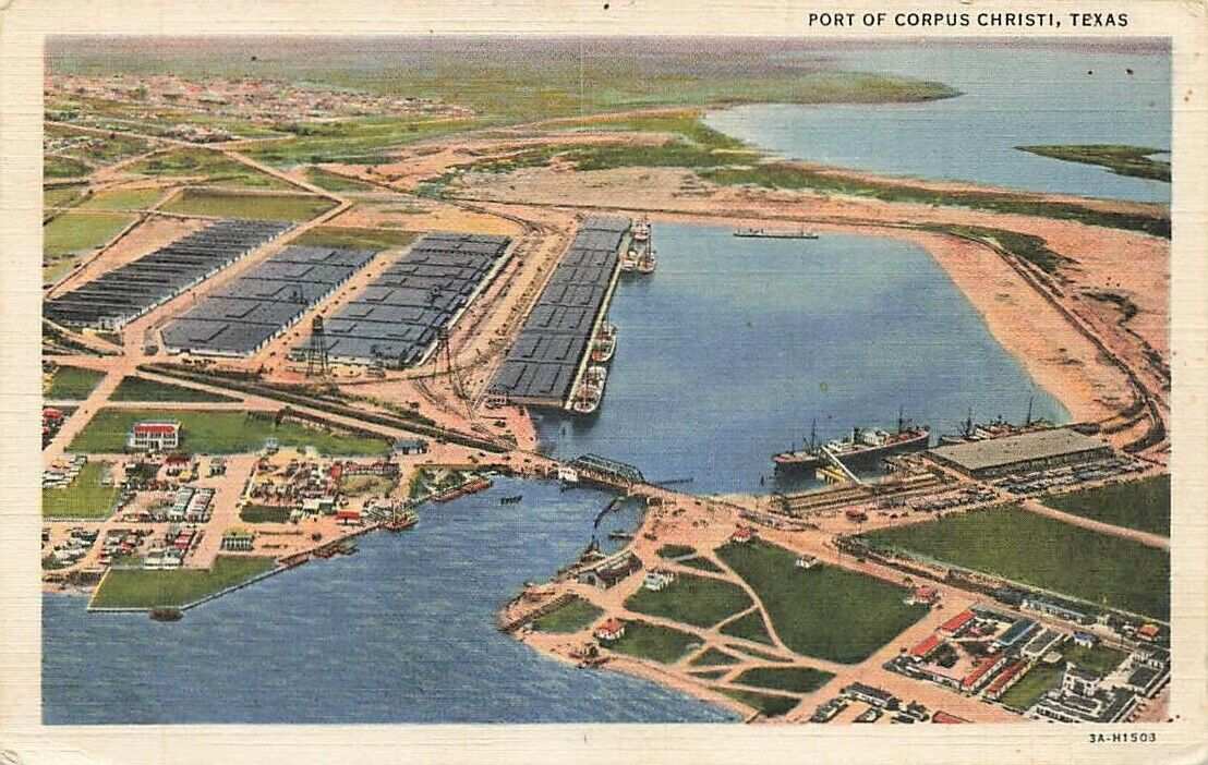 c1930s-40s Birds Eye View Port Ships Linen Corpus Christi TX P364