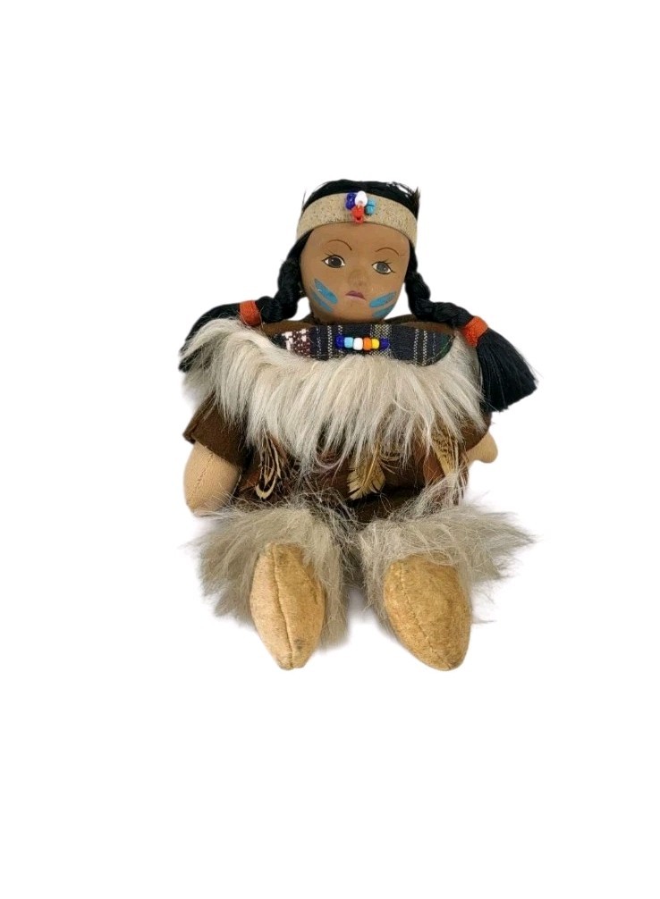 Artisan Way Native American Girl Doll Porcelain Fabric Beanie Beads Feathers 700