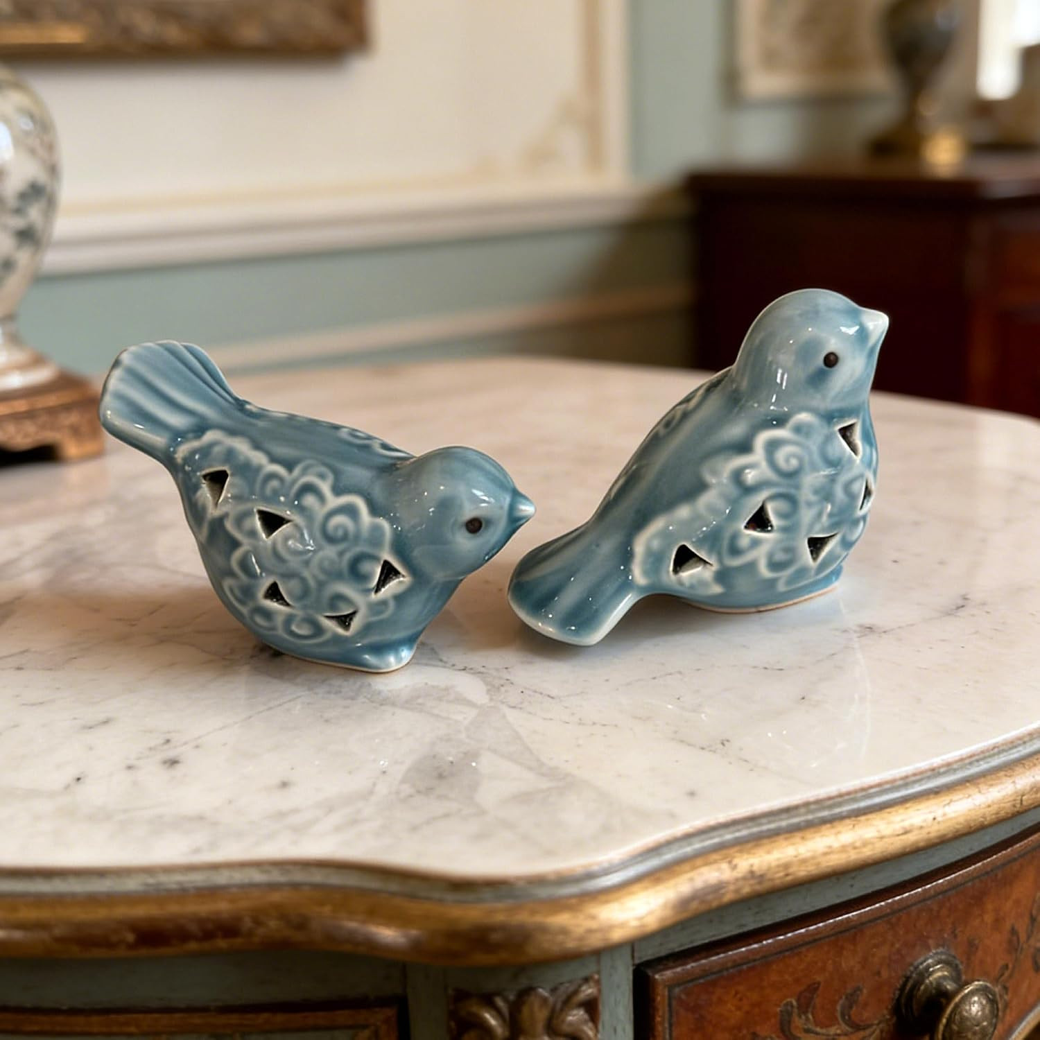 Set of 2 Ceramic Bird Figurines, Ceramic Bird Statues