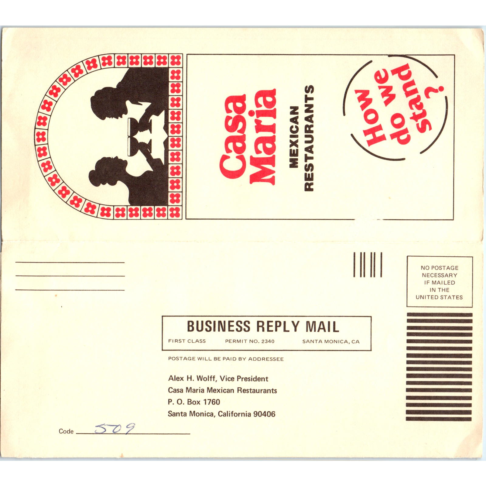 c1970s Casa Maria Mexican Restaurant Comment Card Santa Monica CA Advertising c1970s Casa Maria Mexican Restaurant Comment Card Santa Monica CA Advertising