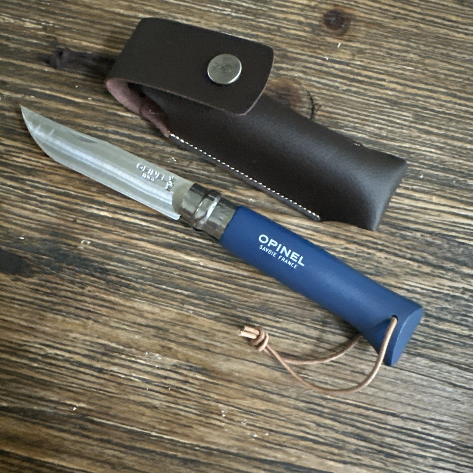 NEW Opinel No.8 Stainless Steel Blade w/Deep Blue Handle + Lanyard, & Case