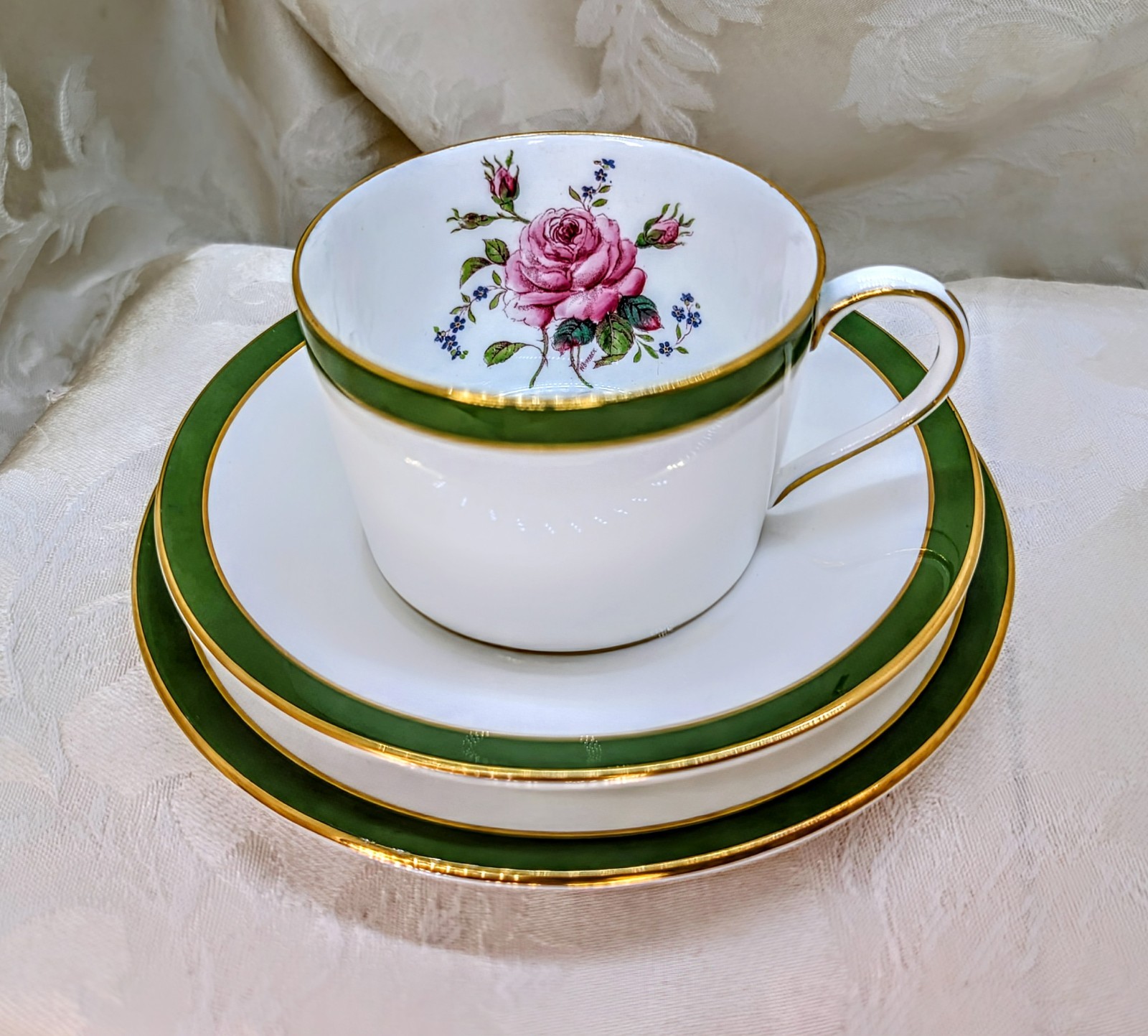 Vintage Coalport Trio Set Coffee Can Cup Saucer Dessert Plate Pink Cabbage Rose