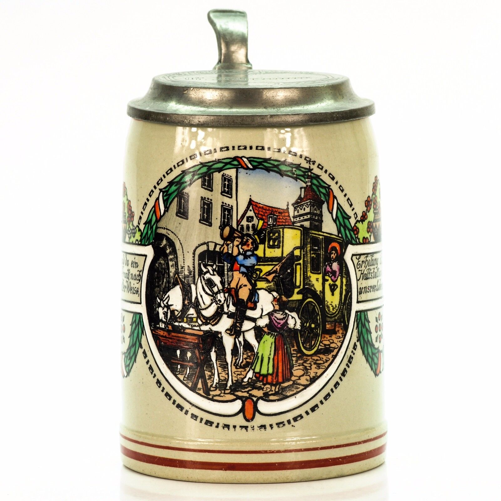 Marzi & Remy  Antique Lidded Mug German Beer Stein - Coachman Drinking ca.1920\'s