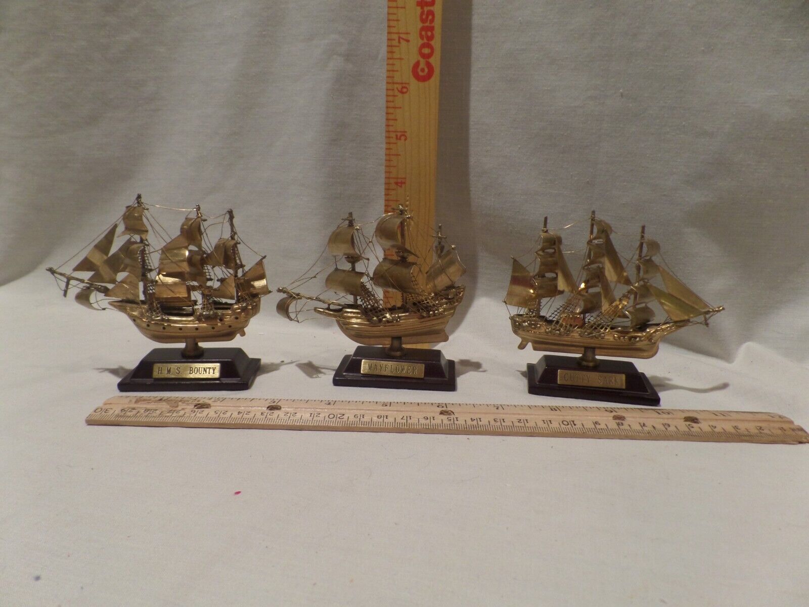 VINTAGE LOT OF 3 SMALL FAMOUS - METAL SAILBOATS WITH DISPLAYS-GOLD TONE