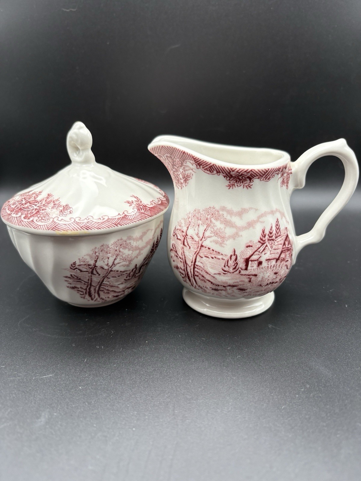 Churchill The Brook Pink Transfer Lidded SUGAR & CREAMER England Churchill The Brook Pink Transfer Lidded SUGAR & CREAMER England