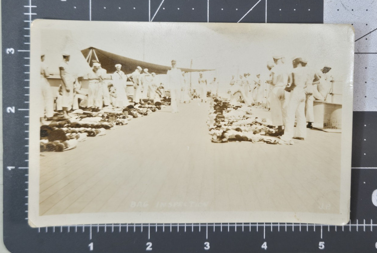 Vintage 1918-30 WWI Era Azo B&W RPPC Postcard USN Navy Bag Inspection Militaria