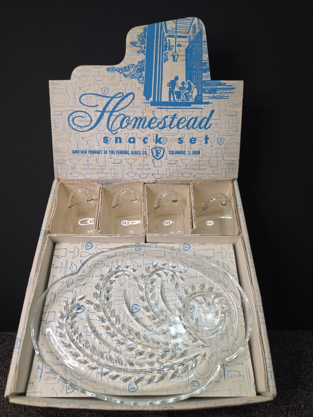 Homestead Federal Glass Vintage Hospitality Snack Set Original Box 1950s Retro Homestead Federal Glass Vintage Hospitality Snack Set Original Box 1950s Retro