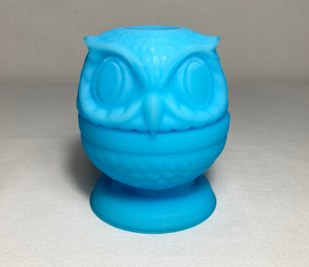Vintage Fenton Owl Fairy Lamp Blue Satin Glass Tea Light Candle Holder