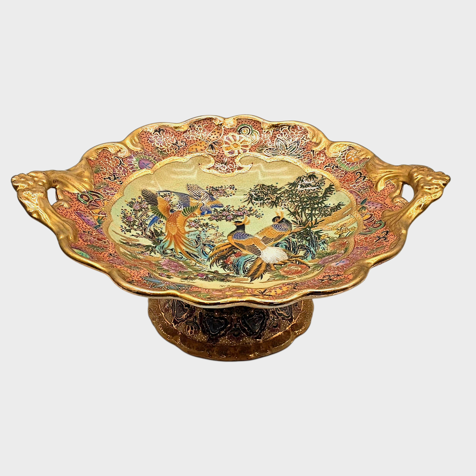 VTG Satsuma Moriage Pedestal Tray Double Handle Scalloped Cranes Peacocks 14.5