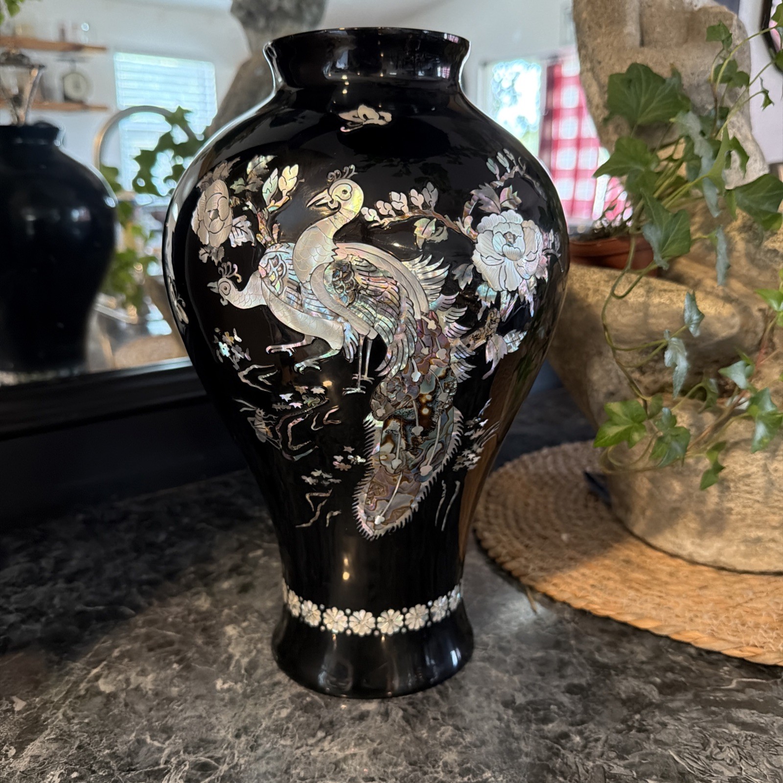 Korean MOP Inlay Lacquerware Vase Peacock & Abalone Motif Signed Studio Piece