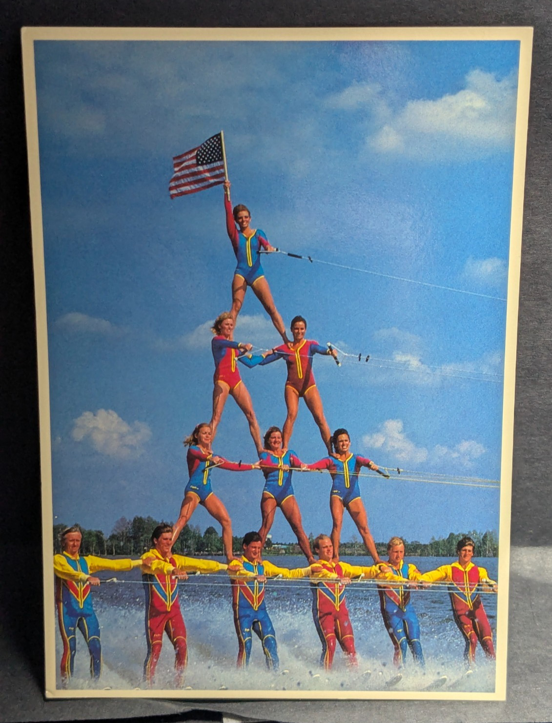 Vintage 1988 Cypress Gardens Water Ski Pyramid Show USA Flag Unposted Postcard Vintage 1988 Cypress Gardens Water Ski Pyramid Show USA Flag Unposted Postcard