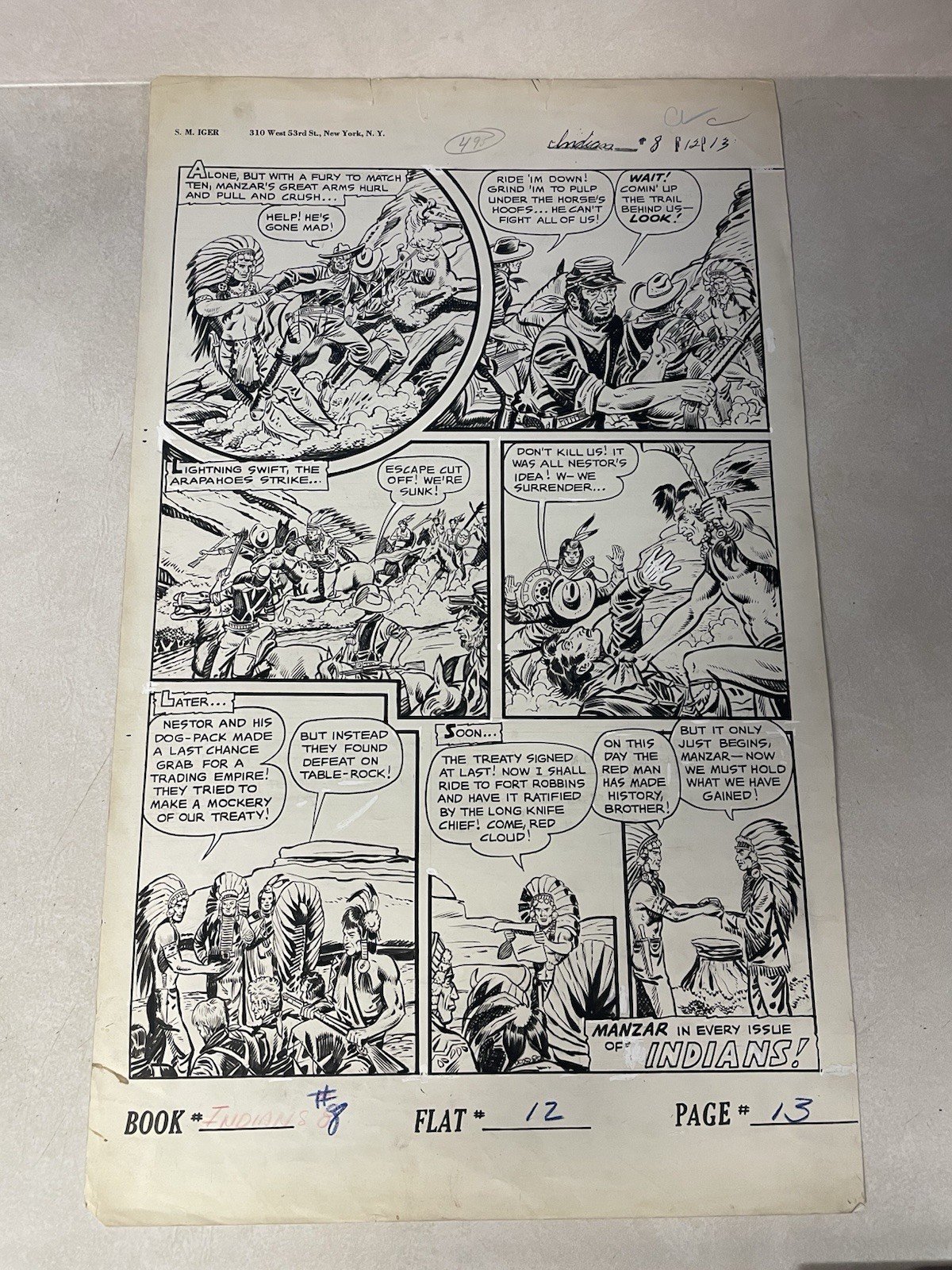 INDIANS #8 original comic book art 1951 LAST PG DEFEAT WHITE MAN PEACE TREATY