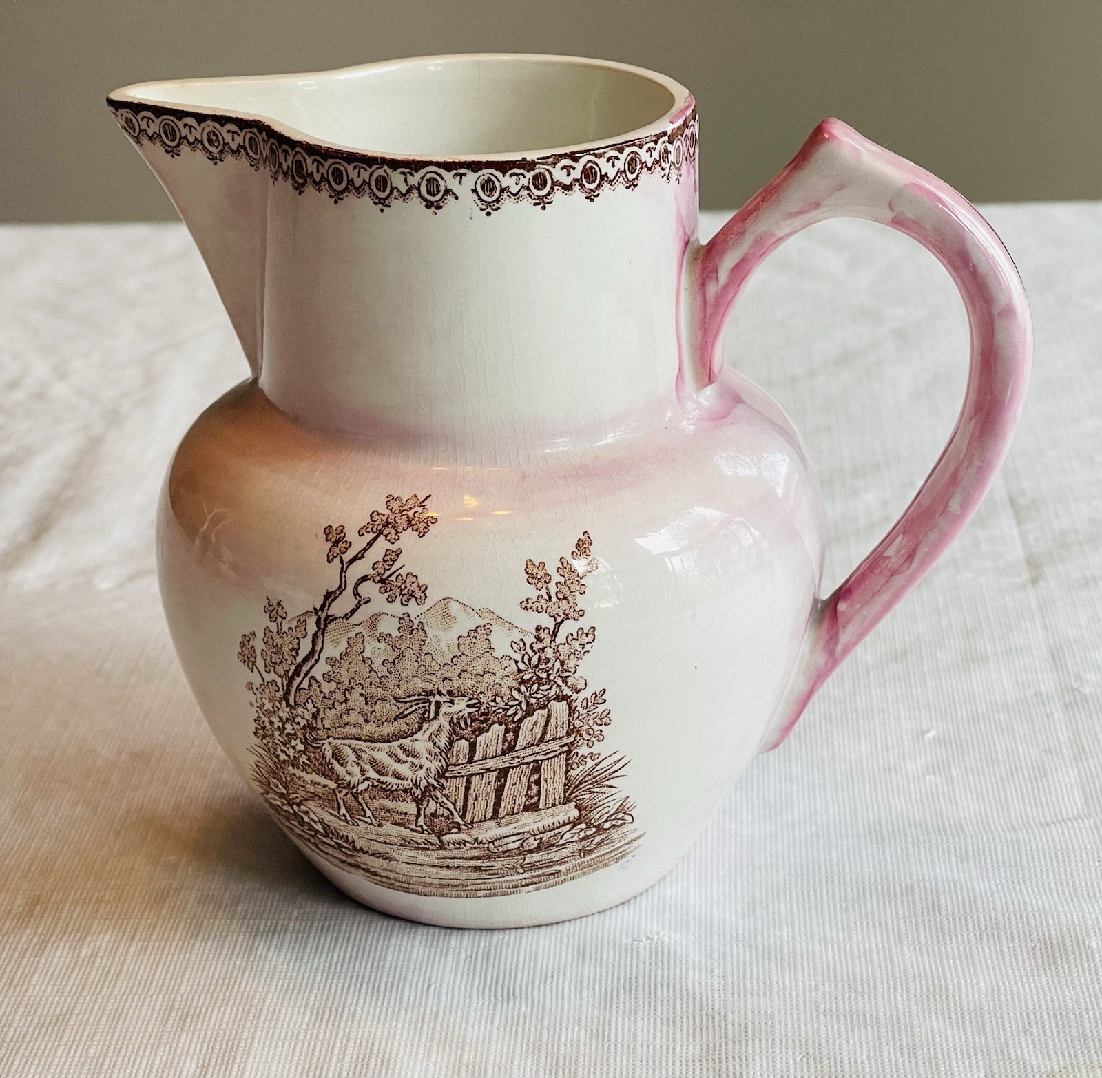 Antique Beautiful Nimy Pitcher Transferware Jug Pitcher Made in Belgium 6”